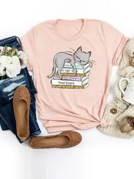 Котка Lovely Сладко Тренд 90-те години, дамска мода с къс ръкав, лятна тениска с графичен принтом, тениски, тениски с анимационни герои, дамска тениска