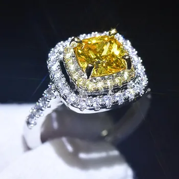 Луксозни пръстени с квадратна жълт кристал, цитрином, скъпоценни камъни, диаманти за жени, бяло злато, сребърен цвят, луксозни бижута, подаръци за партита