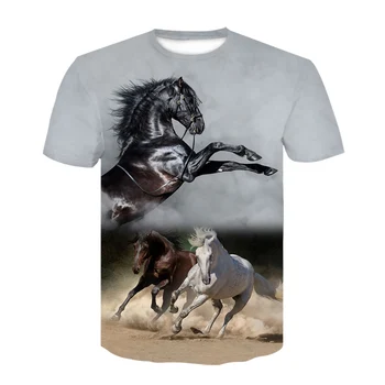 Лятна мъжка нова тениска с кръгло деколте и цветисти принтом, тениска с изображение на кон, модни и ежедневни забавно облекло с животни, най-голям размер