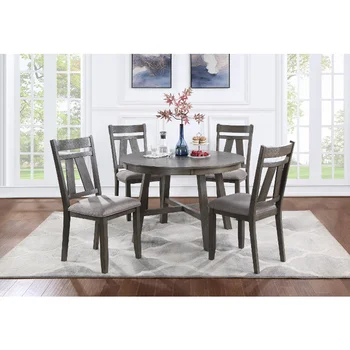 Мебели за хола, маса за Хранене, комплект от 5 теми Кръгла маса и 4 Странични стола Сиво Тканевое Седалка с възглавница Наситен цвят темноКоричневого