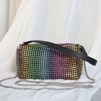 Мини чанта с наклон под формата на преливащи страз за жени, зимни дизайнерски марки, чанти през рамо под мишниците, чанти за партита