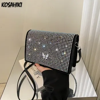 Модерни Елегантни чанти през рамо с диаманти, японската реколта эстетичная женствена чанта през рамо Y2k, сладки мини-квадратна чанта в стил Харадзюку
