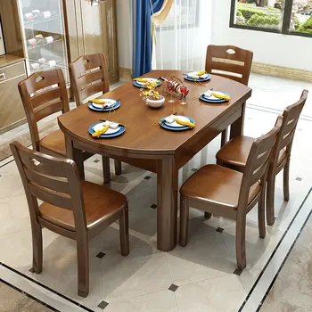 Модерни маси и столове от масивно дърво, комбиниран телескопична сгъваема маса, Просто домашен Кръгла маса в малък апартамент