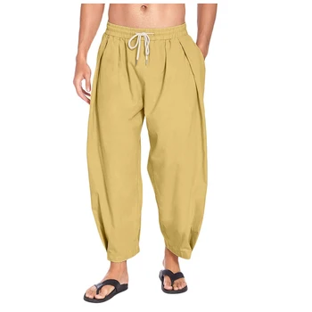 Мъжки ежедневни ленени широки Панталони За Йога с завязками, преки Свободни плажни дълги Панталони