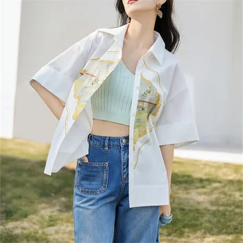 Новост, женски минималистичен случайни летен пуловер с къси ръкави, преки, случайни, корейски стил, бял, класически, елегантен