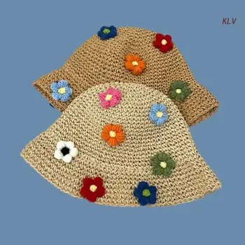 Плажна шапка ръчна изработка, вязаная на една кука козирка, панама за жени, празнична цветна панама за къмпинг