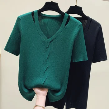 Пролетно-летни дамски блузи, риза с къси ръкави и V-образно деколте, трикотаж 2023, camel зелени, Черни пуловери, корейски скок