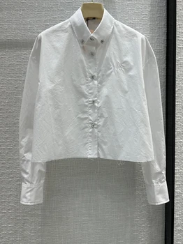 Пролетно черно-бяла риза с къс ръкав и бродерии букви, женски однобортные женски съкратен блузи, дамски дрехи, блуза