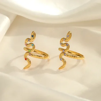 Пръстен със змия от цветно цирконий Популярно пръстен от неръждаема стомана с покритие във формата на змия с 18 карата за Жени, Пръстени