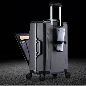 пътен куфар с алуминиева рамка, 24 инча за количка, чанта за багаж на количката, лек куфар с предната дупка, куфар количка на колела