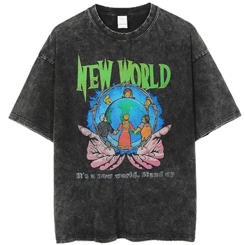 Реколта выстиранная тениска Harajuku Смешни Earth Graphic T Shirt 2023 Мъже в памучна тениска с Къс ръкав в стил хип-хоп, Градинска Дрехи, Блузи, тениски