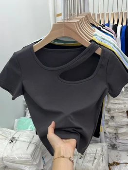 Реколта дамски тениски с къс ръкав, съкратен топ, сексуална тънка лятна однотонная отворена риза, корейски шик, эстетичная градинска облекло