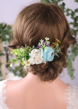 Ретро синьо, цветя и листа, гребен за коса на булката, сватбена прическа ръчно изработени празнични аксесоари за коса, шнола за коса за жени