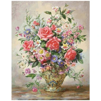 Розовата ваза за рози бродерия на кръстат бод опаковане на цветя, 18-каратово злато 14 карата 11 карата плат памучен конец, бродерия бродирани ръчно изработени