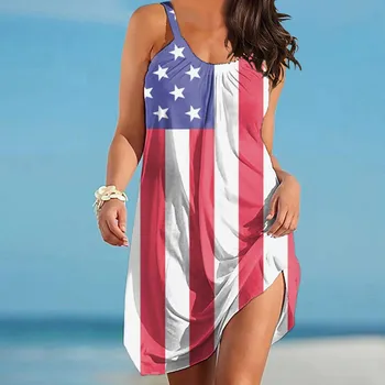 Секси плажна рокля с принтом на американското, дамски официални рокли на бретелях, без ръкави, без презрамки, дамски плажни рокли