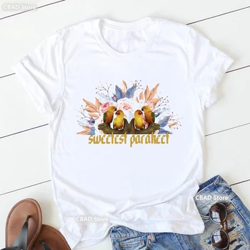 Сладка тениска с графичен принтом цветове Папагал, дамски Дрехи, 2023, Забавна тениска с изображение на Бели Птици, риза в стил харадзюку за момичета, Кавайные върховете