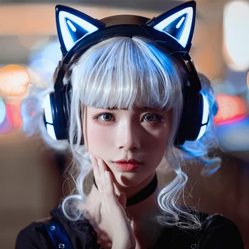 Слушалки Kawaii Yowu 3s с кошачьими уши Bluetooth, управление на приложението, Rgb Осветление, Детска слушалки, музикални слушалки, шумоподавляющая Hd-слушалки
