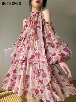 Стилна мини-рокля BGTEEVER с дълъг ръкав и цветен модел, дамско елегантно лятно свободно женствена рокля с волани, женски Vestidos