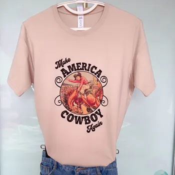 Тениска Make American Cowboy са в стил ретро, дамски поп-инди-пънк-рок-група, графична тениска, дамски блузи, основни тениски с кръгло деколте