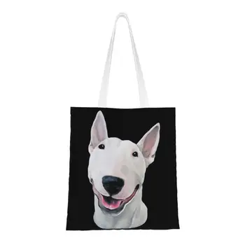Холщовые чанти за пазаруване с бультерьером по поръчка, дамски Чанти за преработка на продукти, забавен принт, чанти за пазаруване с кучето и кученце