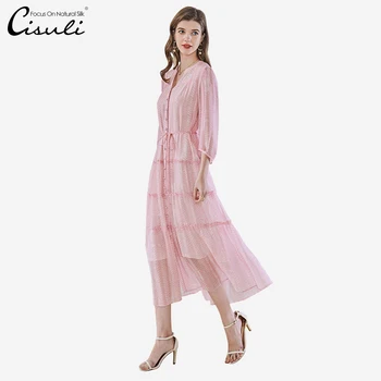 Шифоновое рокля CISULI от коприна с принтом 100% Коприна тутового дърво, дамски летни празнични рокли с розов цвят, модел